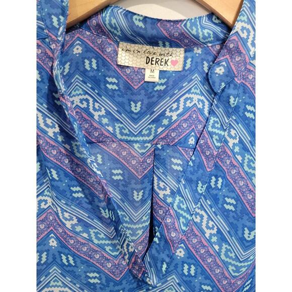 Derek Heart Women’s Blue Chevron Semi-Sheer V-Neck Long Sleeve Blouse | Size M - Picture 5 of 8